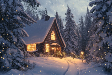 Illustration of a cozy winter cabin surrounded by snow covered trees and twinkling holiday lights. The soft glow from the windows invites warmth and comfort, creating a peaceful holiday atmosphere.