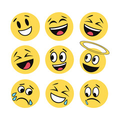 Flat yellow emoji collection. Happy smile, sad crying face and angry facial expressions. Emoticons vector icons set