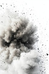 Dramatic explosion with black and white smoke, flying debris, and dust on a white background, symbolizing power