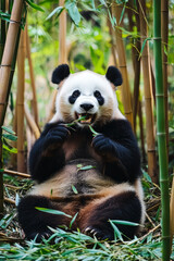Fototapeta premium A playful panda munching on bamboo in a bamboo grove. The panda sits on its hind legs, content and relaxed, surrounded by a lush green landscape of tall bamboo stalks.