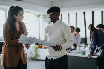 Modern office setting with coworkers analyzing documents, highlighting teamwork and productivity.