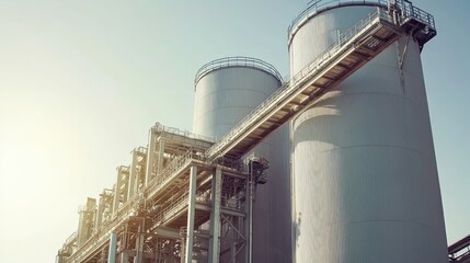 Obraz premium A large industrial fertilizer storage silo with conveyor belts moving the product.