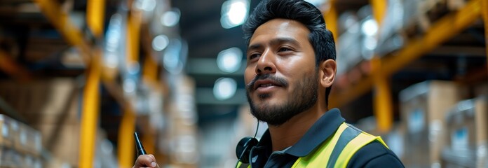 A focused warehouse worker wearing a safety vest, using a scanner for inventory tasks.