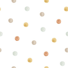 Watercolor seamless pattern with childish multicolor polka dot.  Isolated on white background. Hand drawn clipart. Perfect for card, fabric, tags, invitation, printing, wrapping.