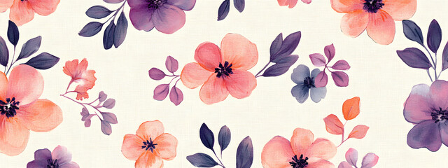 Design an elegant pattern featuring small, colorful flowers in shades of pink and purple on a cream background
