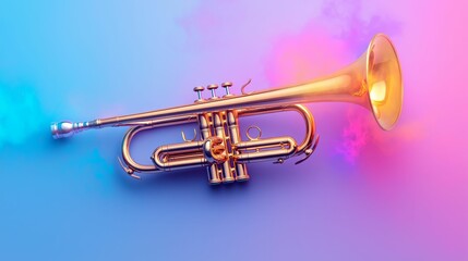 Obraz premium A vibrant trumpet rests against a colorful gradient background, showcasing its shine amidst a mist of pink and blue hues.
