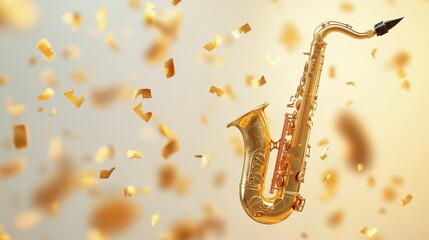 Naklejka premium A golden saxophone surrounded by shimmering confetti, evoking a festive and celebratory atmosphere.