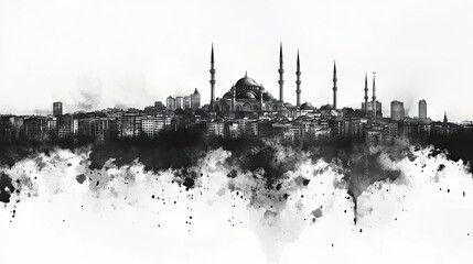 Obraz premium Istanbul skyline in black and white watercolor sketch featuring mosques and urban architecture on a white background
