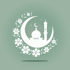 Mosque and Crescent Moon: Green Flat 2D Vector Illustration