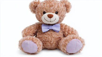 Fototapeta premium Adorable Brown Teddy Bear with Blue Gingham Bow Tie on White Background