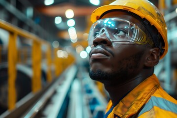 A focused worker in safety gear gazes upwards in an industrial setting.