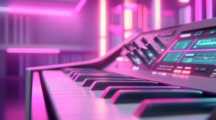 A close-up view of a keyboard synthesizer with vibrant pink lights, showcasing keys and control panels in a modern, futuristic setting.