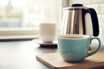 Fototapeta premium Warm cup of tea on a wooden table beside a kettle and a white cup in a cozy setting
