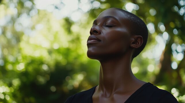 Hypertension patient engaging in mindful breathing outdoors. Featuring stress relief and mindfulness