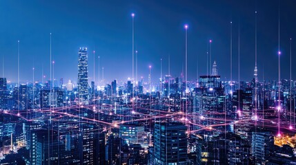 Fototapeta premium A modern city skyline with integrated technology, featuring smart lighting and connected infrastructure.