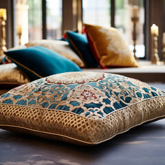 Teal  Gold Embroidered Throw Pillow Luxury Home Decor Closeup