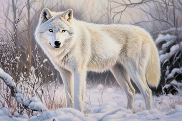 Obraz premium Illustration of a beautiful white wolf standing in a snowy forest, its fur shimmering under the pale moonlight. The wolf piercing eyes and graceful posture evoke a sense of mystery and beauty in the