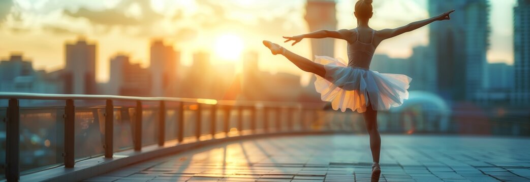 A graceful ballet dancer performing at sunset on a city rooftop.