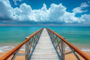Obraz premium Rustic Wooden Pier with Rusted Railings Overlooking the Ocean – Dramatic Seaside Landscape perfect for coastal photography, travel, and solitude themes.