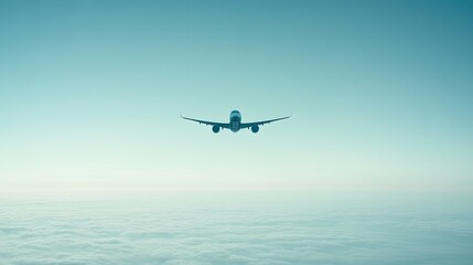 A peaceful aerial view of a plane flying across an open sky, with no clouds below, symbolizing the freedom of international travel.
