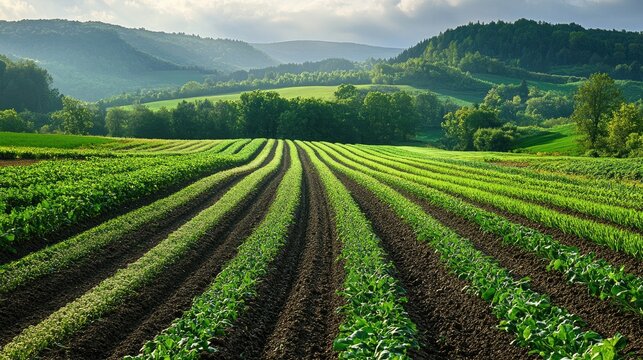 A panoramic view of an organic farm with multiple crops growing in separate rows, demonstrating sustainable and eco-friendly cultivation.