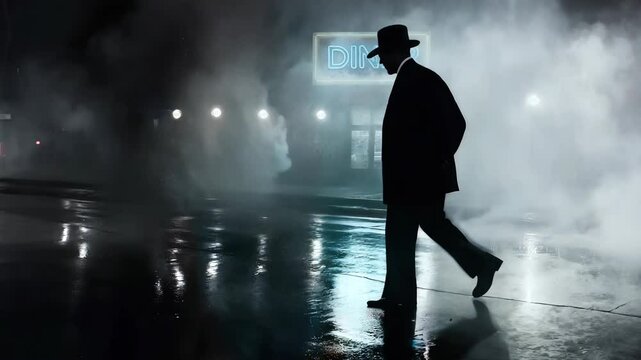 A lone man figure in a fedora hat walks through a misty, dark street, with glowing neon diner sign and reflections on the wet pavement. A classic noir atmosphere.