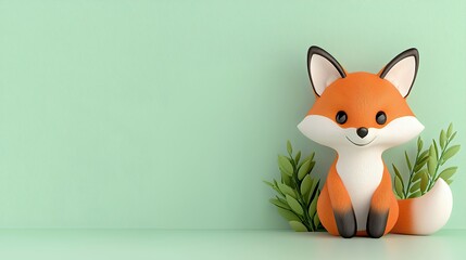 Obraz premium Adorable Orange Fox Figurine with Green Leaves on Pastel Green Background