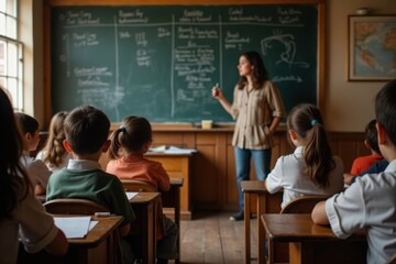 Children listening to teacher in classroom with chalkboard in background. School lesson.