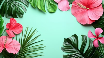 Fototapeta premium Vibrant Pink Hibiscus and Lush Green Tropical Leaves on Mint Background