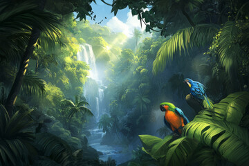 A dense rainforest filled with lush greenery, towering trees, and colorful tropical birds. The air is thick with humidity, and the sound of distant waterfalls can be heard in the background.