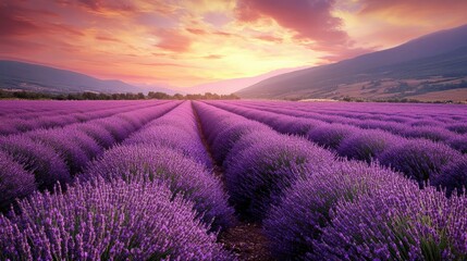 A scenic lavender field in full bloom, vibrant purple flowers stretching into the distance under a soft pastel sky, illustrating fragrant agricultural beauty.