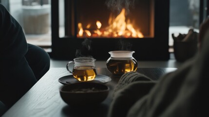 Hypertension patient enjoying a calming herbal tea by a fireplace. Featuring relaxation and stress relief
