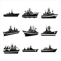 Obraz premium Set of war naval ship silhouette vector illustration on white background
