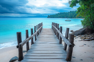 Obraz premium Tropical Wooden Pier Extending into Turquoise Ocean – Scenic Beach Paradise with Blue Sky perfect for travel, vacation destinations, relaxation, and beach paradise themes.