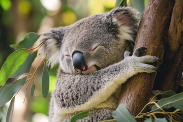 A sleepy koala hugging a tree branch, its soft fur blending into the eucalyptus leaves. The peaceful expression on its face captures a sense of calm and serenity.