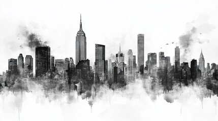 Obraz premium Black and white watercolor city skyline with skyscrapers and smoke, abstract urban landscape illustration