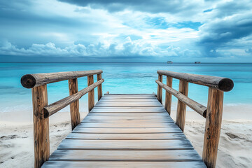 Tropical Wooden Pier Extending into Turquoise Ocean &ndash; Scenic Beach Paradise with Blue Sky perfect for travel, vacation destinations, relaxation, and beach paradise themes.