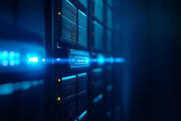 Fototapeta premium Data center with illuminated servers and blue light beams creating futuristic atmosphere