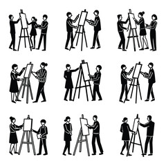 Naklejka premium Set of people painting at an easel silhouette vector illustration on white background.