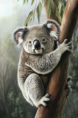 Fototapeta premium Illustration of a fluffy koala clinging to a eucalyptus tree, with soft fur and a peaceful expression. The serene setting of the Australian bush provides the perfect backdrop for this calm, lovable