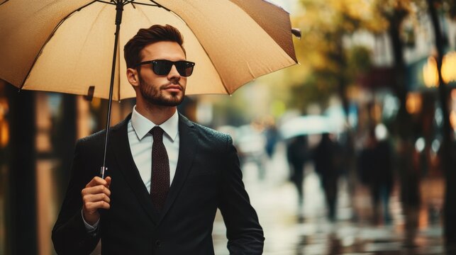 stylish man in suit with umbrella on rainy city street