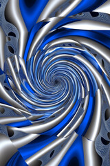 A mesmerizing fractal pattern in swirling shades of deep blue and silver, giving the illusion of infinite depth and complexity.