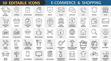 E-commerce and shopping icons. Set of 50 editable vector line icons. Business symbols: payment, cart, delivery and marketing  for web design, app, templates. E-Commerce icons with linear stroke.