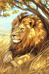 Fototapeta premium Illustration of a majestic lion resting under the shade of a tree in the savannah. Its golden mane glistens in the sunlight, while the dry grass surrounding it sways gently in the breeze. The regal
