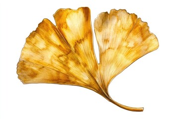 Naklejka premium A golden ginkgo leaf painted in watercolor, delicate and organic, isolated