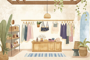 Illustration of a bohemian style fashion boutique with eclectic clothing and accessories displayed on wooden racks. The soft pastel colors and vintage textures create a cozy and stylish shopping