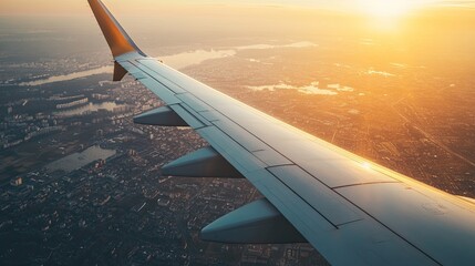 Fototapeta premium A view of the airplane wing during flight, with sunlight casting a warm glow over the aircraft's structure, highlighting the smooth lines of commercial aviation.