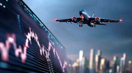 Global and Economic concept. A plane flying over a financial graph with a city skyline in the background.