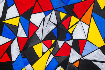 Illustration of a large abstract design made up of overlapping geometric shapes in a variety of bold, contrasting colors like red, blue, yellow, and black. The design is modern and energetic, perfect