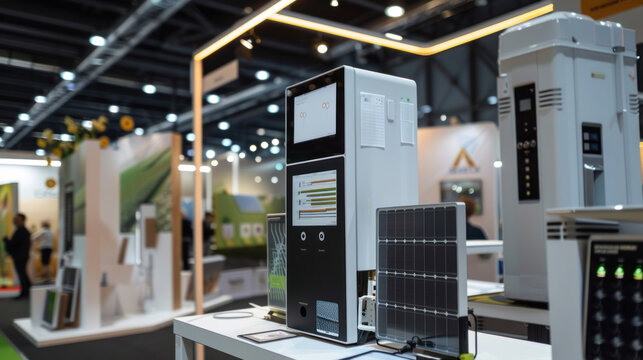 A promotional image showing various renewable energy kits, from beginner to advanced, displayed on sleek stands at an expo